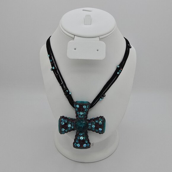 Vintage Black-tone Metal Blue Teal Amethyst Crystal Maltese Cross on Triple Cord - Picture 1 of 4